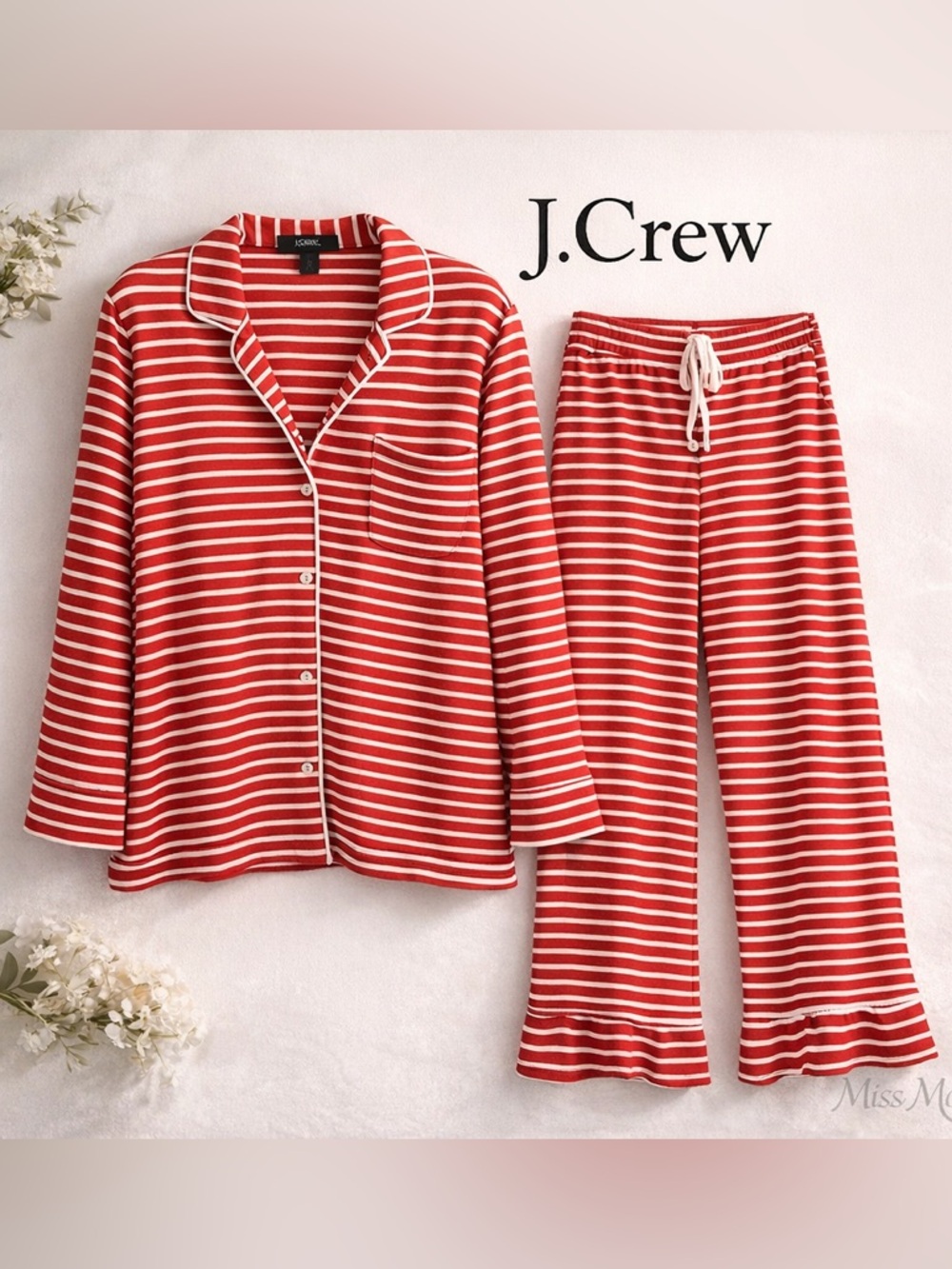 J.Crew Luxe Red Stripe Pajama Set M Soft Cotton Lounge PJs